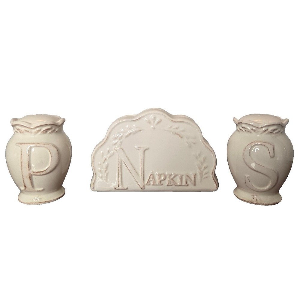 Farmhouse Ceramic Salt and Pepper Shakers and Napkin Holder Set Cream 3 Piece